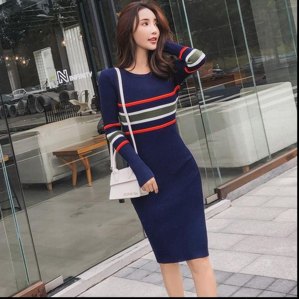 

new runway women autumn sweater knitted slim dress elastic o neck long sleeve lady bodycon dresses vestidos, Black;gray