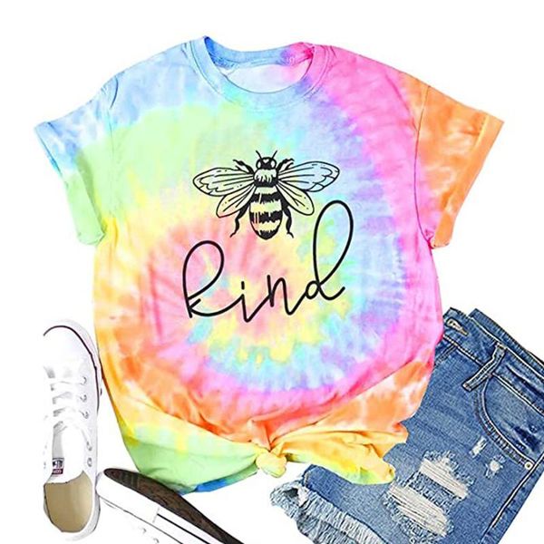 

women's t-shirt nclagen 2021 women tie dye bee letter printing round neck short sleeve graphic tee omighty plusÂ sizeÂ loose harajuku, White