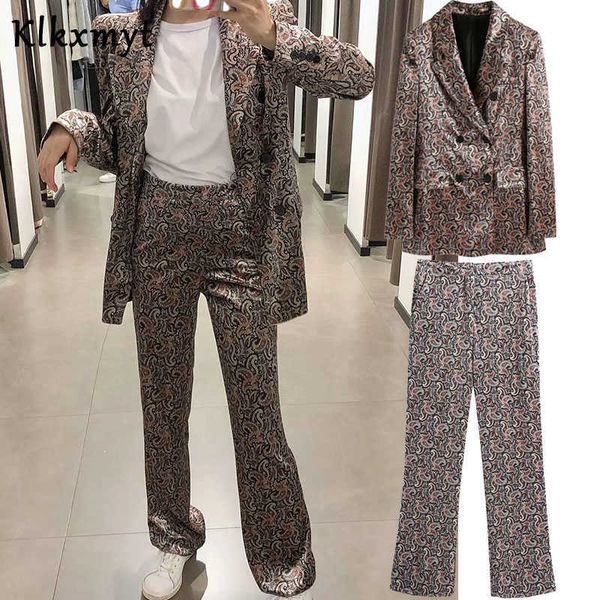 

klkxmyt suits za women two piece set fashion print casual buttoned blazer & trousers high waist woman 2 sets 210527, White;black
