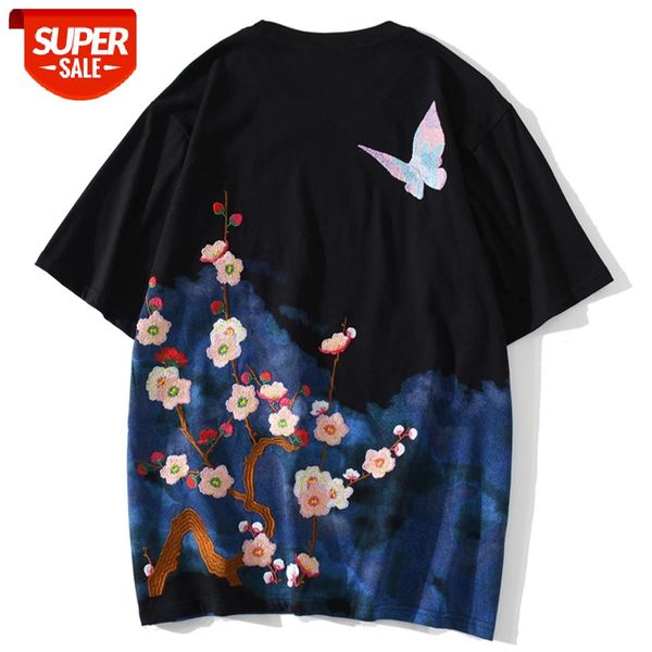 

embroidery hip hop butterfly t shirt men 2020 japanese style harajuku tees shirts cotton oversize short sleeve #s516, White;black