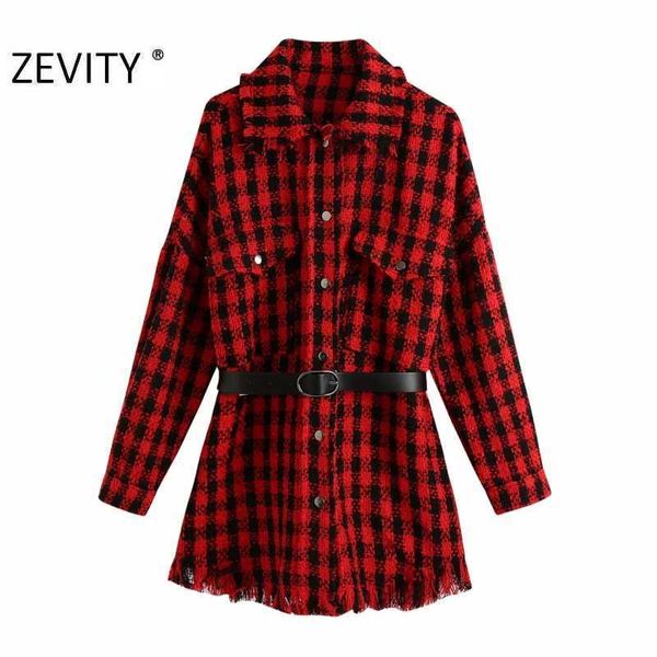 

zevity women vintage plaid print sashes tweed woolen shirt coat femme long sleeve pocket hem tassel chic jacket brand ct592 210603, Black;brown