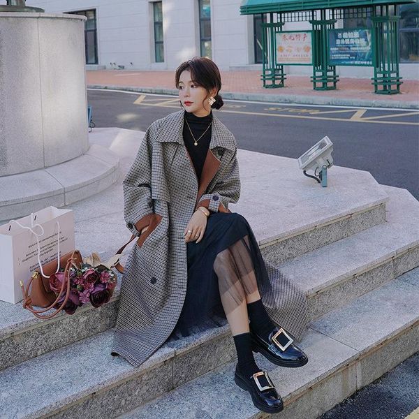 

women's wool & blends retro plaid coat winter 2021 high-end loose knee length medium woolen, Black