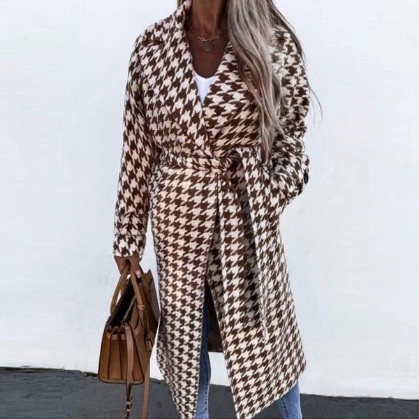 

women's wool & blends winter women fashion print warm blend coat cardigan design ladies elegant turn-down collar belted jackets long ou, Black