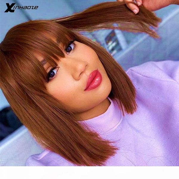 

brown blonde short bob lace front human hair wig with bangs brazilian remy hair 13x6 deep parting straight wig 8"-16" preplucked, Black;brown