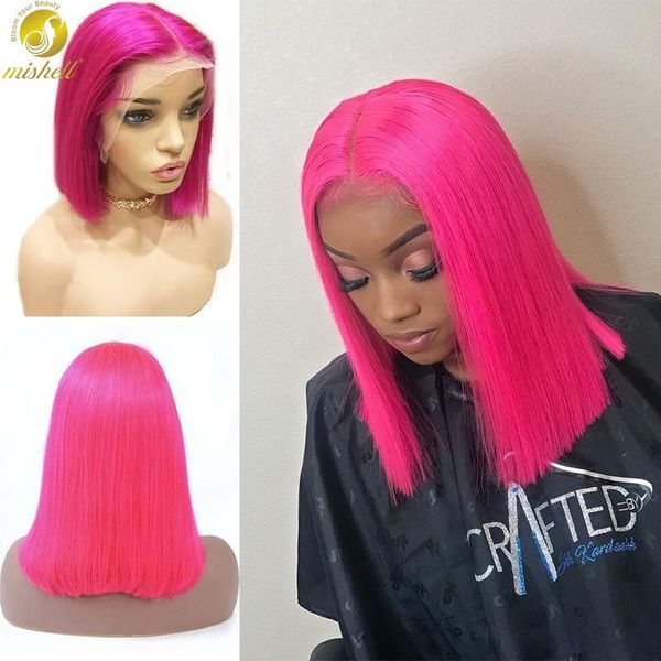 

lace wigs mishell bob wig short rose red front human hair highlight transparent 180 density, Black;brown