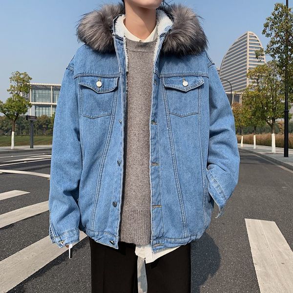

2021 new winter thick jacket men's warm fashion casual fur collar hooded men short denim coat mens clothes m-2xl 9mqz, Black