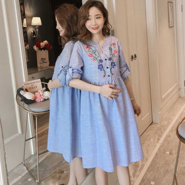 

vintage chic floral embroidery striped long dres fashion summer shirt collar dresses casual femme vestidos 210601, Black;gray