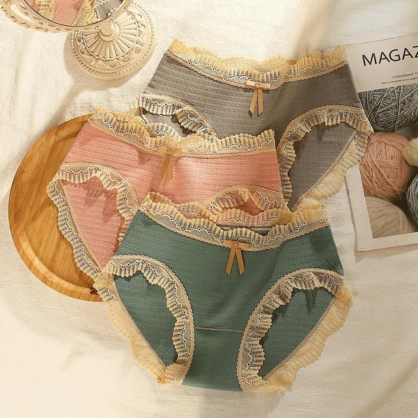 

women's panties cotton women comfortable underwear lace mid-rise underpants female lingerie ladies briefs belly closing underwears, Black;pink