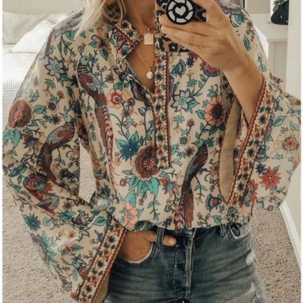 

2021 oversized shirts women print female feminine flare sleeve blouses long sleeve floral blouses women plus size beach boho blouse, White