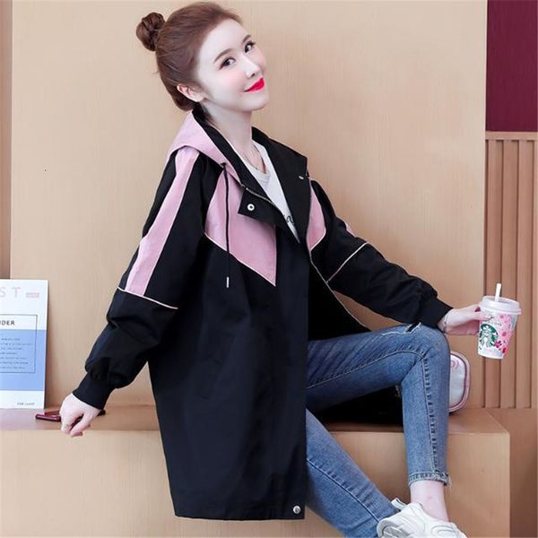 

2021 women spring autum windbreaker new plus size hooded coat winter add cotton trench female baseball uniform outwear decv, Tan;black