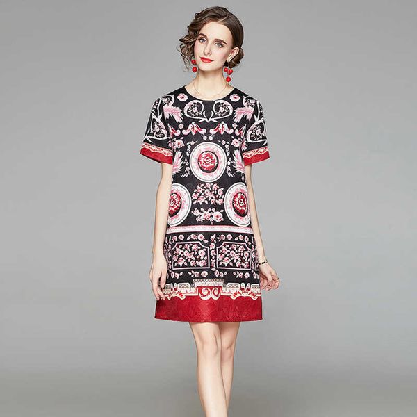 

spring summer women vintage jacquard dresses o-neck printing short sleeve dress leisure time on vacation sundress robe femme 210529, Black;gray