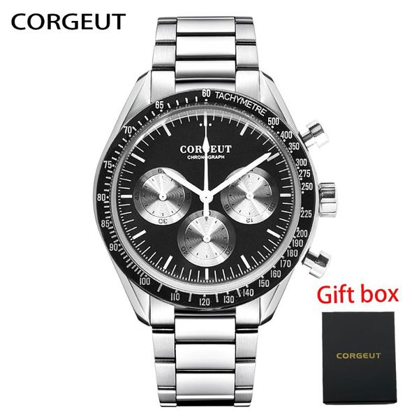 

wristwatches corgeut men wrist watch luxury brand mens stainless steel chronograph quartz watches business male clock relogio masculino, Slivery;brown