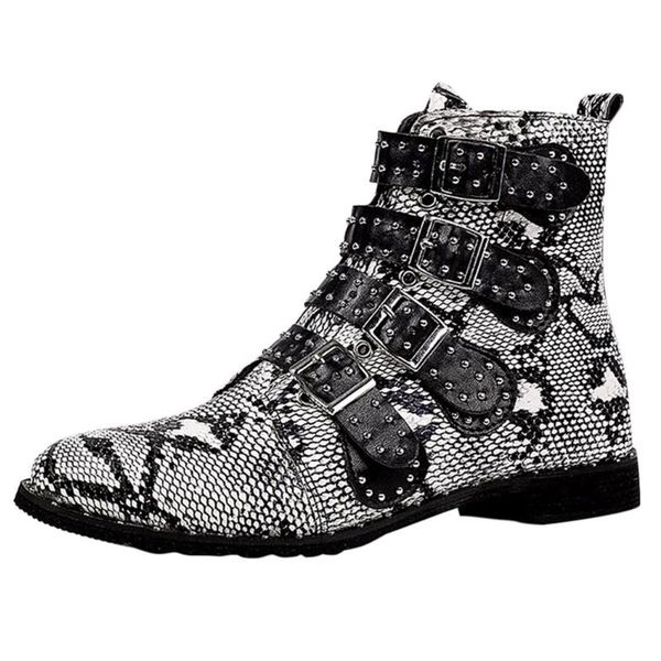 

boots fashion autumn winter woman snakeskin buckle cool motorcycle women leather ankle pointed toe, Black