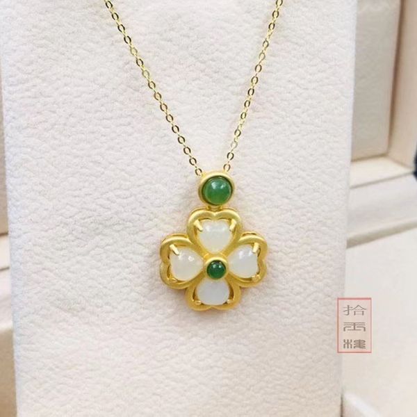 

natural white jade pendant handcarved flower jade pendants with gold 925 sterling silver necklace women jadeite jade jewelry, Red;blue