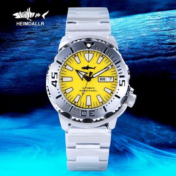

wristwatches heimdallr sharkey monster diving watch men yellow dial stainless bracelet c3 luminous nh36 automatic mechanical wrist watches, Slivery;brown