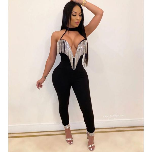 

women's jumpsuits & rompers women glitter tassel jumpsuit deep v neck sleeveless bodycon club overalls, Black;white