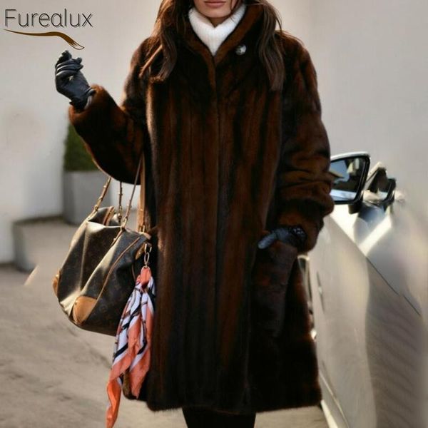 

women's fur & faux furealux 2021 real natural coat winter jacket women long warm streetwear vintage whole skin intact, Black