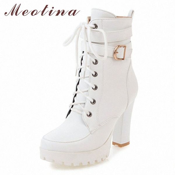 

meotina winter ankle boots women boots zipper block heels short buckle extreme high heel shoes ladies white big size 34 43 skechers bo v0mk#, Black