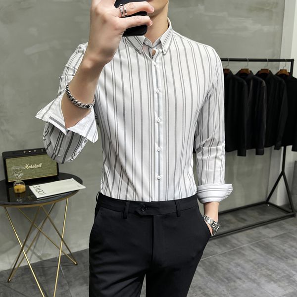 

striped-out mode of casual businessmen 2021 spring sleeve long skinny suit formal shirts dress social party shirt 5mgc, White;black