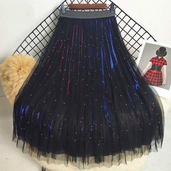 

female mesh shiny streamer gauze plissate fine versatile metal skirt mid-calf stylish y163 2tnq, Black