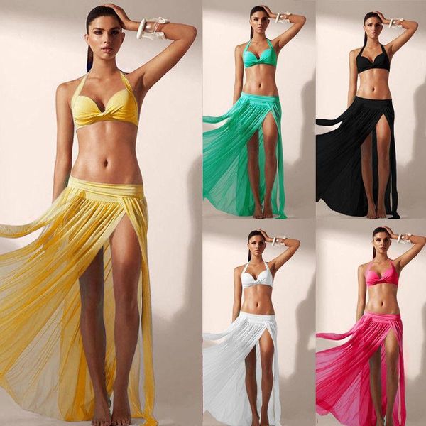 

2021 women bikini cover up solid chiffon maxi sheer swimwear summer ladies mesh beach sarong pareo long wrap split, White;black