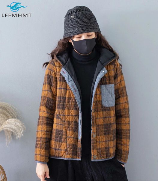 

2021 new women winter fall fashion long sleeve plaid pattern vintage coat female japan style thick warm cotton linen jackets ca, Black