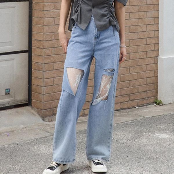 

women's pants & capris [ewq] korea autumn casual trend women high waist zipper hole mesh stitching fashion denim wide-leg trousers 2021, Black;white