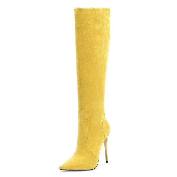 

boots women suede knee high fashion slip on stretch woman pointed toe thin heel winter black yellow green