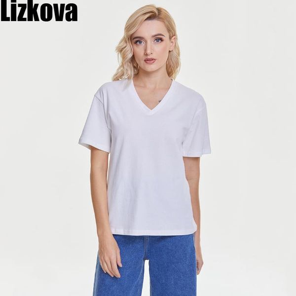 

lizkova 100% cotton women tshirts white v-neck short sleeve mujer camisetas 2021 spring solid color soft casual 6001
