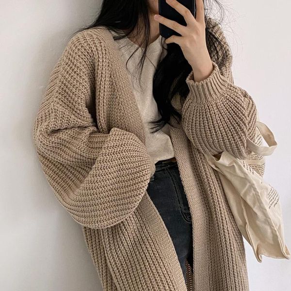 

women's knits & tees jacket korean version of the retro loose outer wear long sweater lazy style lantern sleeve net red knitted cardiga, White