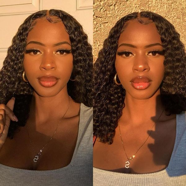 

16inch curly lace front wig natural hairline bleached knots for womenshort malaysian human hair bob wigs black color, Black;brown