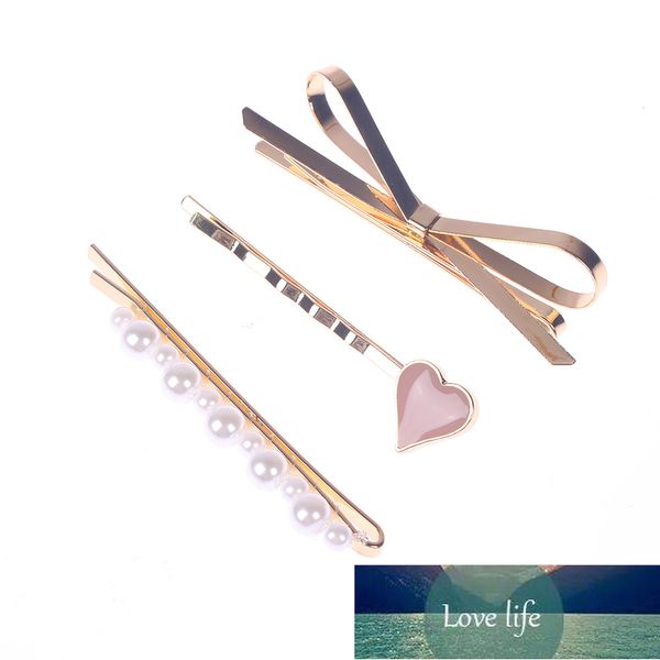 

3pc metal bow pearl drop female heart shape children hairpin clip hair accessorie hair styling tools sale, Silver