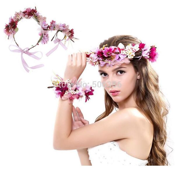 

women wedding rose flower wreath bridal headband & wrist kids party flower crown korean hair accessories adjustable qylrmw