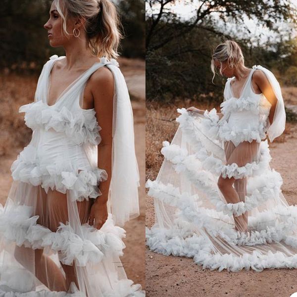 Sexy Illusion Mulheres Sleepwear Tiered Ruffles Camisa De Manga Curta Para Festa De Casamento Grávida Noite Fotografia Vestido