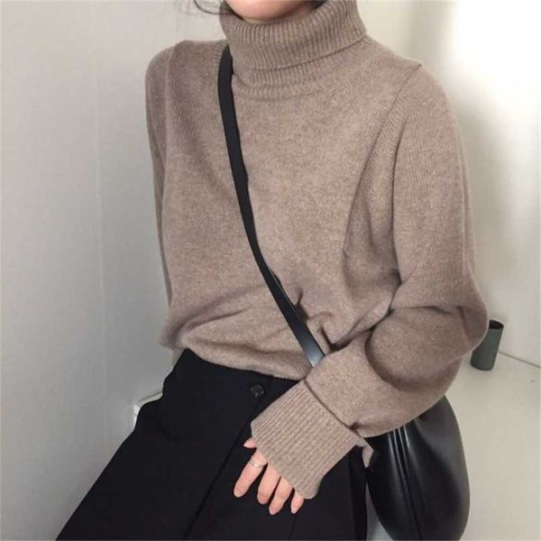 

vintage warm turtleneck sweet causal clothe loose all match stylish women sweater streetwear basic 210525, White;black