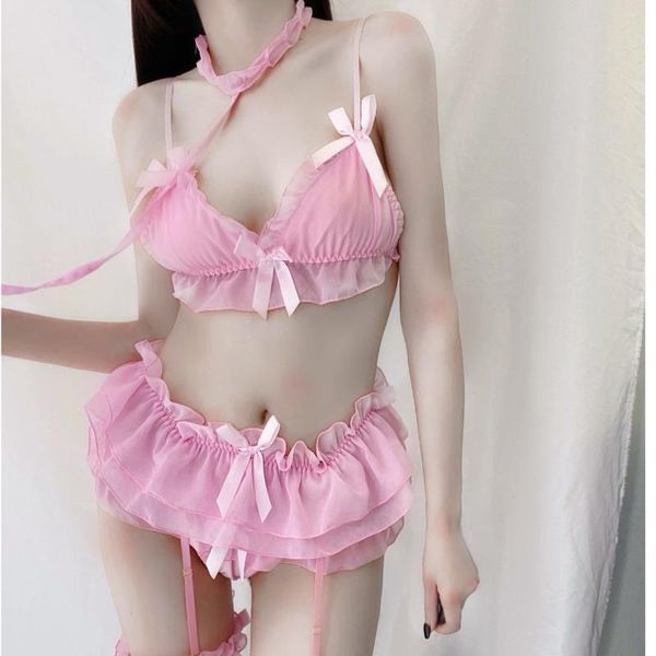 BHs Sets Sexy Kostüme Unterwäsche Weibliche Versuchung Prinzessin Strumpfband Spitze Dreipunktanzug Nettes rosa Mädchen Micro Bikini