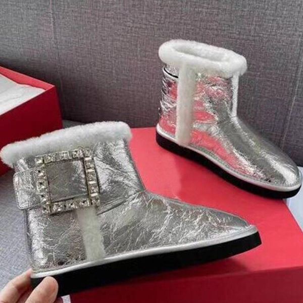 

boots shine silver snow for women luxury design shearling wool fur lined girl winter shoes waterproof non-slip flat, Black