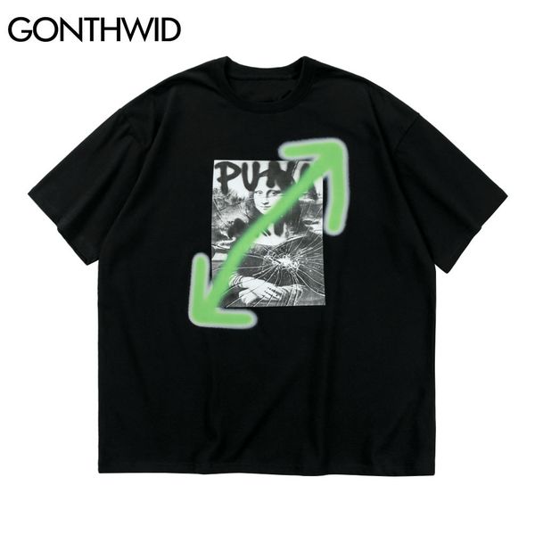 

gonthwid tshirts funny graffiti mona lisa smile face tees shirts streetwear hip hop harajuku fashion casual cotton loose c0315, White;black