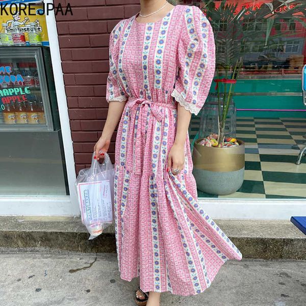 Korejpaa mulheres vestido coreano chique verão cópia rosa o-collar amarrado com cintura-comprimento solto laço costurado vestido feminino 210526
