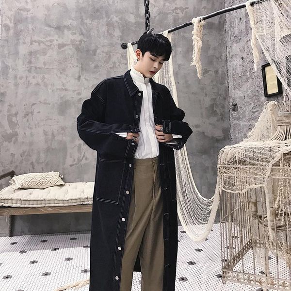 

men's wool & blends ins style korean extra loose large size single-breasted lapel long denim jacket men and women drop shoulder windbre, Black