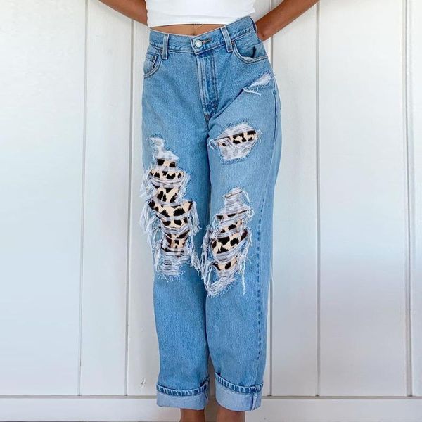 

autumn and winter new wild cowboy wash high waist jeans women, street hole casual wide leg jeans women loose denim pants, Blue