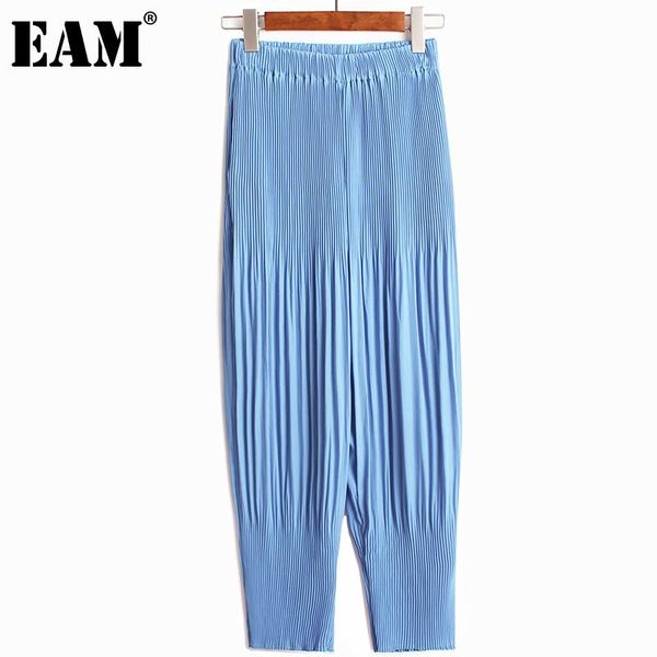 

women's pants & capris [eam] high elastic waist blue long pleated casual trousers loose fit women fashion tide spring summer 2021 1dd97, Black;white