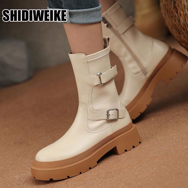 

boots 2021 winter ankle buckle motorcycle for women round toe thick platform high heels female gothic style shoes vc, Black