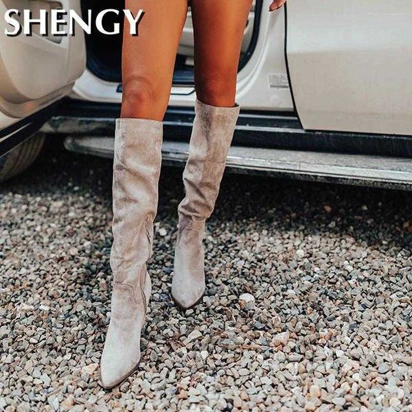 

winter woman shoes high pointed toe solid color slip-on flock warm over the knee boots ladies mature party elegant boots y0914, Black