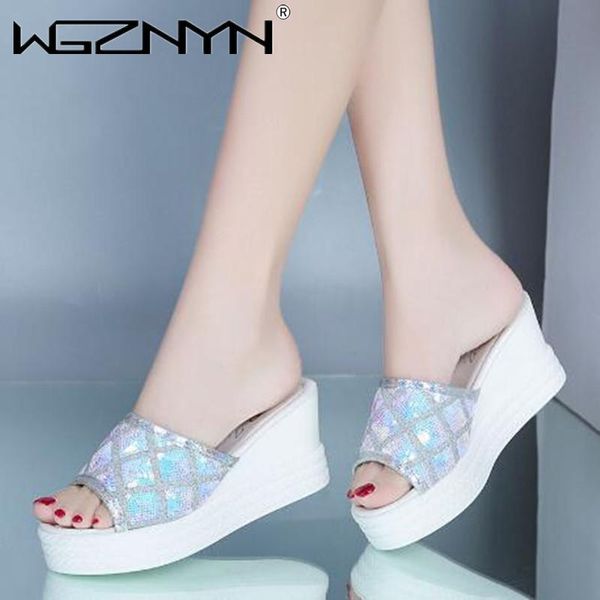 

slippers women glitter summer platform wedge open toe casual shoe ladies color mixing slide beach shoes woman zapatos de mujer, Black