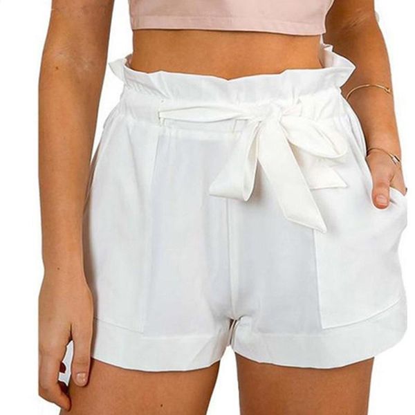 

women high waist shorts bow tie belt shorts ladies summer a-line loose solid color mujer femme, White;black