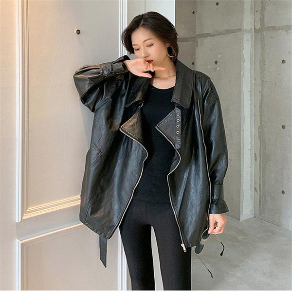 

women's jackets hzirip 2021 autumn black stylish women pu leather zipper slim cool simple casual high street loose brief all-match coat, Black;brown