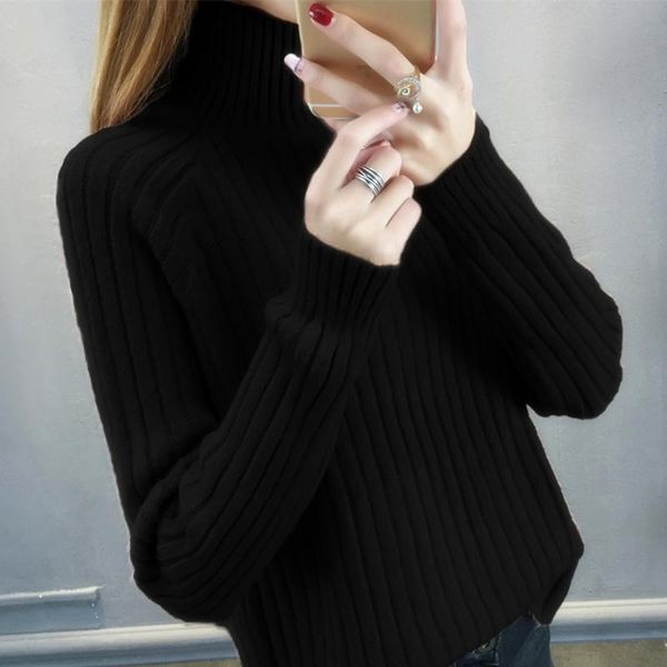 

women's sweaters 2021 autumn winter short half high neck loose sweater women pullover black long sleeve bottoming shirt clothing, White;black