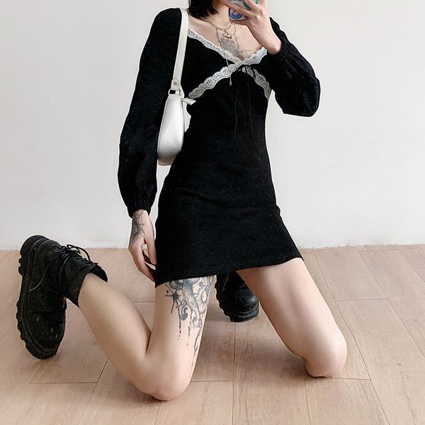 

lace patchwork y2k aesthetic mini dress for women streetwear puff long sleeve bodycon dresses gothic party outfits, Black;gray