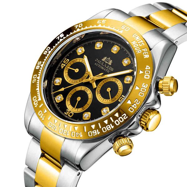 

men automatic watches self-propelled wind mechanical gold black rustless steel band diamonds stones fashion sports luxury, Slivery;brown